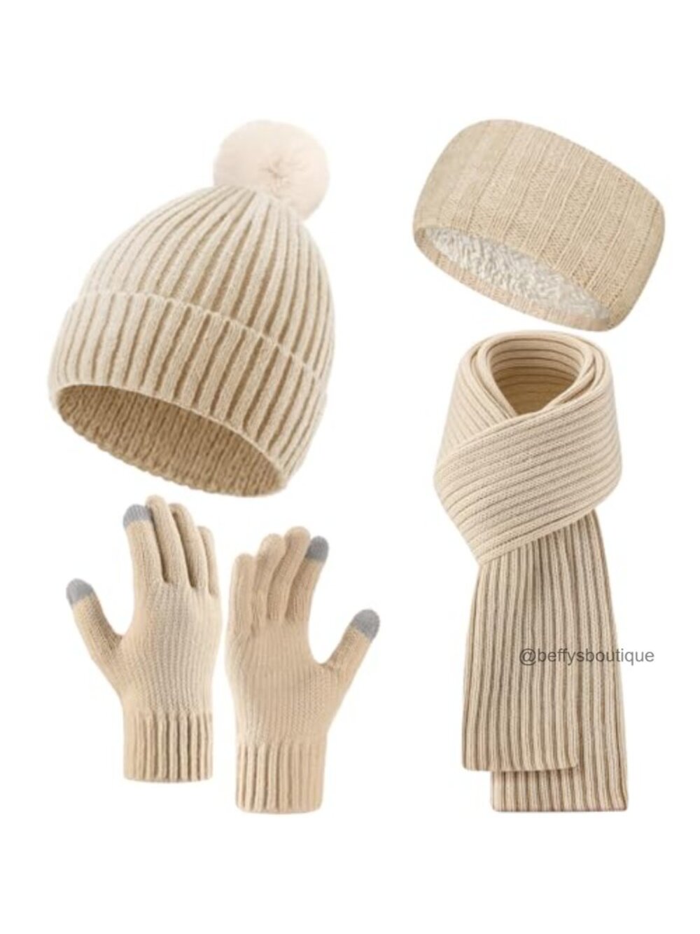 4 Pc Winter Beanie Hat Scarf Touchscreen Gloves Headband Set